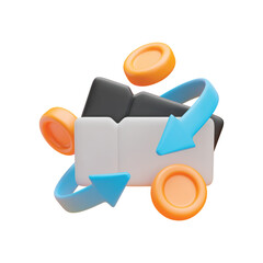 3d cashback coupon icon. Realistic gift voucher, gold coin and blue arrows around. Money refund, discount concept. Vector sign of cash service on white background