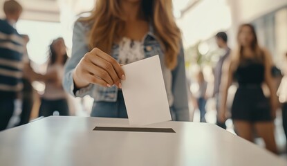 A woman casts her vote into a ballot box, surrounded by others in a voting setting, highlighting civic engagement and participation.