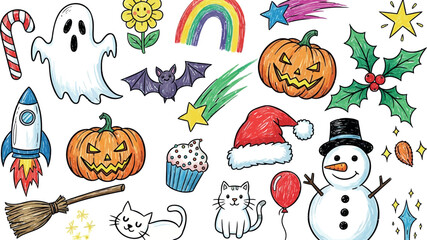 Fototapeta premium Vector art of collection of colorful handdrawn doodle icons for holidays and celebrations