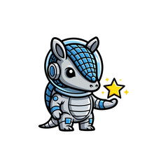 Fototapeta premium Armadillo in Tiny Space Suit Holding Glowing Star – Futuristic Cartoon Mascot Logo with Bold Outlines, White Background