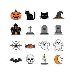 Obraz premium A collection of sixteen colorful Halloween-themed icons including a pumpkin, cat, ghost, and skull.