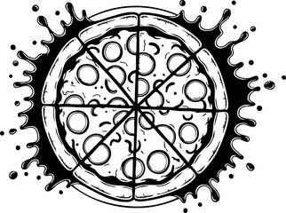 Dynamic pizza splash graphic art perfect for restaurant branding and food promotion, capturing delicious energy and culinary excitement instantly.