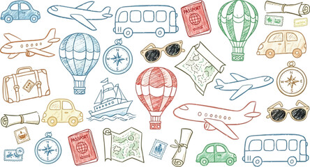 Vector art of travel and transportation doodles, including airplanes, cars, and hot air balloons