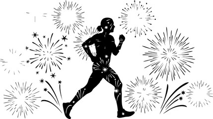 Dynamic runner silhouette celebrates victory amidst vibrant celebratory fireworks bursting with energy and achievement