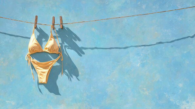 Bikini hanging on clothesline with wooden clothespins against blue background. Minimal summer concept with copy space perfect for vacation