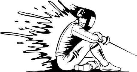 Dynamic fencer in protective gear contemplates defeat with sword in hand, capturing intense athletic struggle and emotional resilience.