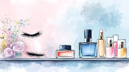 A cute cosmetic-themed background, perfect for use as a decorative backdrop or wallpaper.