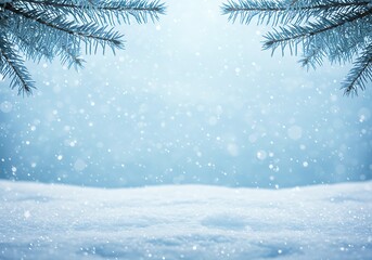 Dreamy winter background with falling snow, snowy foreground, and pine branches framing the cool blue light