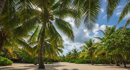 Obraz premium Lush green palm trees against a bright blue sky and clouds nature scene