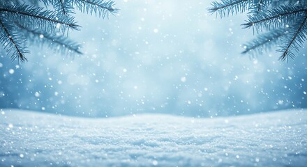 Dreamy winter background with falling snow, snowy foreground, and pine branches framing the cool blue light
