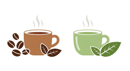 Obraz premium Steaming cups of coffee and green tea side by side illustration.