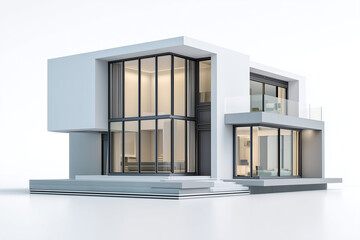 Modern white house isolated on white background. Minimalist architecture design with large glass windows, clean lines, and contemporary residential concept.