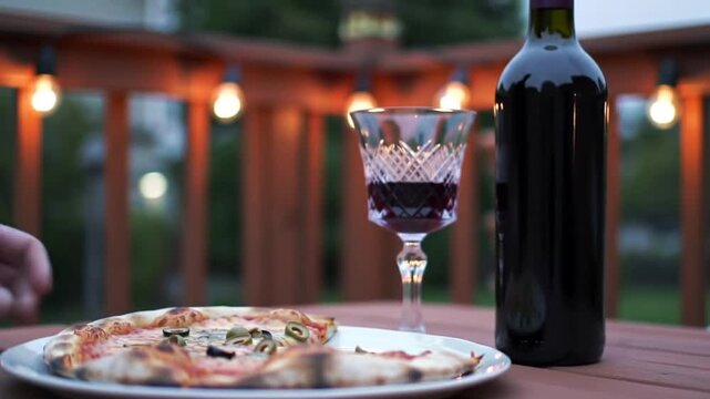 Evening scene of pizza on a plate, crystal wine glass with wine, and a bottle of red wine on a wooden table with string lights