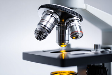 Fototapeta premium Laboratory microscope with glassware isolated on white background. Modern scientific equipment for medical research, biology, and chemistry experiments.