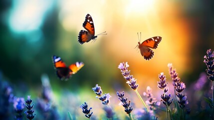 Butterflies dancing among lavender flowers nature scene vibrant colors outdoor setting close-up view serenity and beauty