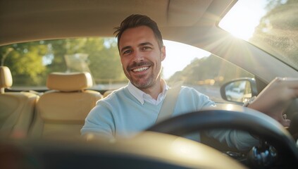 Man car driving happy male driver close up inside modern car interior