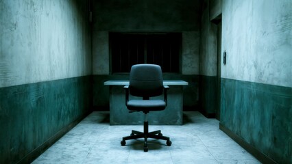 An empty, dimly lit interrogation room with a single chair. Interrogation, psychological thriller, suspenseful scene, legal.