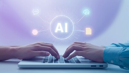 AI laptop hands office setup with artificial intelligence workflow symbols