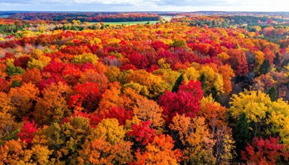 Aerial View of Vivid Autumn Forest with Red Orange and Yellow Foliage Under Bright Sunlight