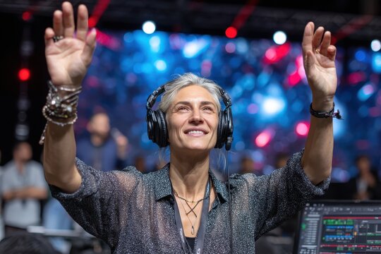 Music director leads energetic crowd with hands raised at vibrant festival setting