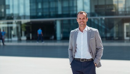Business man office professional smiling outside corporate building in city