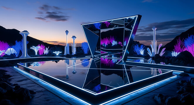 Futuristic stage with neon lights and reflection on water at twilight