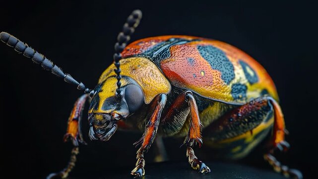 A bright and vibrant insect perched on a dark background