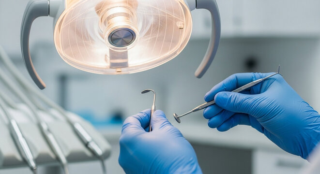 Close-up of a dentist's hands in blue gloves holding dental tools under a bright light.