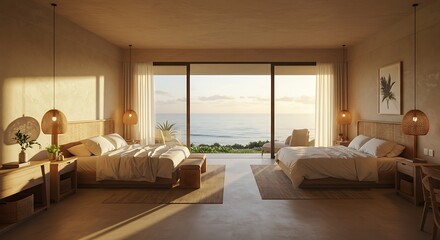 Luxurious bedroom interior with ocean view and modern decor elements
