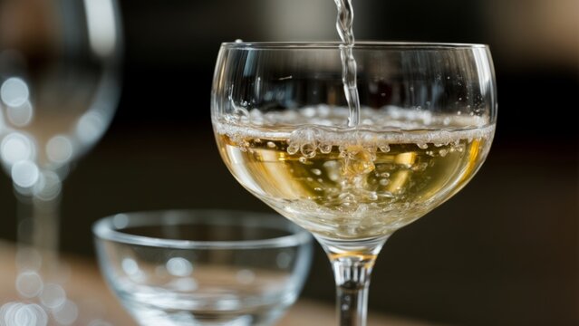 A close-up of a glass of bubbly champagne. Champagne, celebration, toast, luxury, elegance