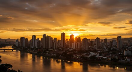 Fototapeta premium City skyline silhouette at sunset reflected in calm water