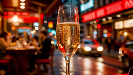 A close-up of a glass of bubbly champagne. Champagne, celebration, toast, luxury, elegance