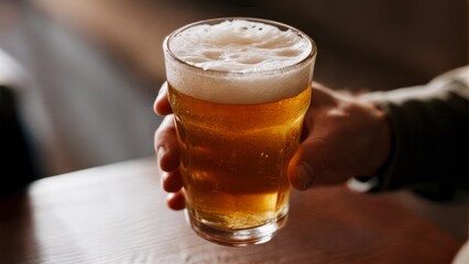 A person's hand holding a pint of beer with foam on top. Beer, pub, casual, fun, friends