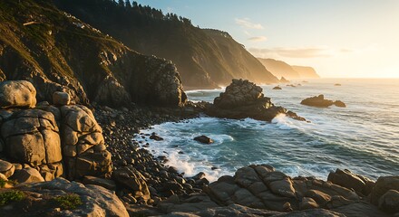 Coastal landscape with ocean waves rocky shore and mountain range at sunset