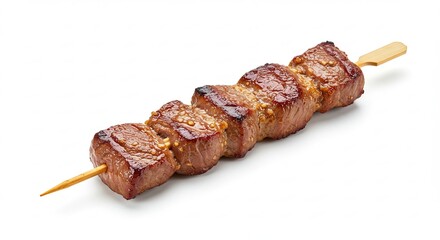 Grilled Beef Skewer with Sesame Seeds on White Background.