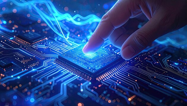 Digit touches a glowing processor on a circuit board with digital energy streams