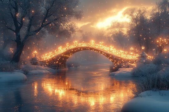 Fireflies hover over a snowy bridge crossing a serene river.