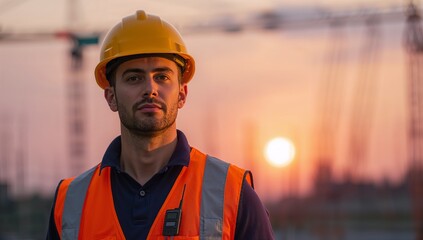 Construction Worker Man Standing at Work Site with Cranes During Sunset