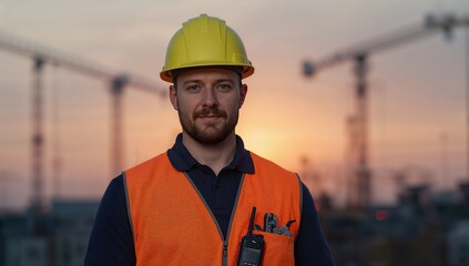 Construction Worker Man Portrait with Safety Gear at Construction Area