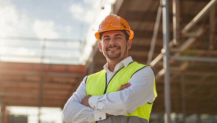construction worker man smiling with safety helmet and vest at building site
