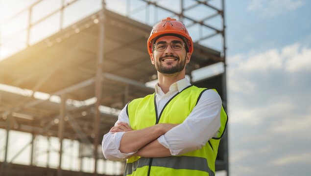 construction worker man wearing hard hat standing at construction site background