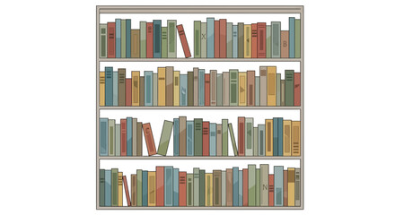 A full bookshelf with four shelves, filled with numerous colorful books of various sizes, depicted in a graphic illustration.