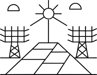 Line art aerial view of futuristic solar desert station illustration on transparent background