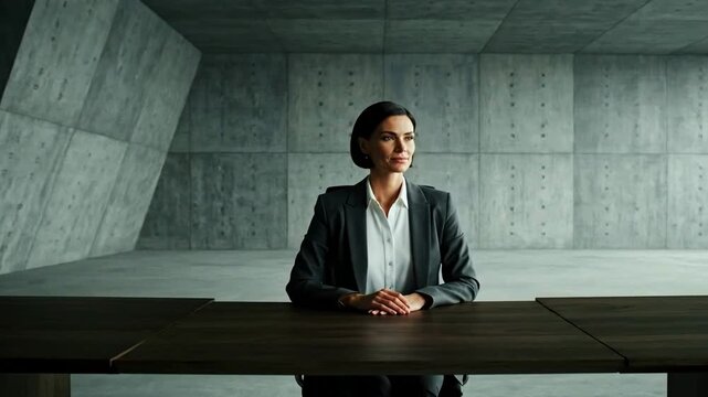 A powerful businesswoman sits with composure at a large table in a stark minimalist concrete room conveying authority and focus as the camera slowly zooms in.