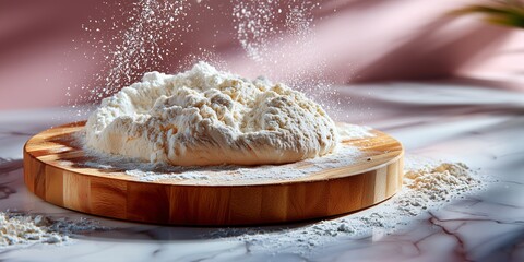 A round board half-covered in flour on a clean, light-colored granite counter. The background is a soft, bright blur with a sense of motion