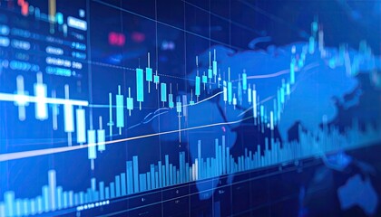 Bright blue digital display of stock market data with world map overlay