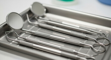 Close-up of various dental instruments on a sterile metal tray, ready for a dental examination or procedure.