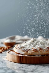 A round board half-covered in flour on a clean, light-colored granite counter. The background is a soft, bright blur with a sense of motion