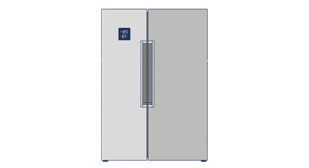 A modern, silver side-by-side refrigerator with a digital display and a long vertical handle, isolated on a white background.