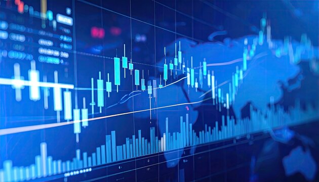 Bright blue digital display of stock market data with world map overlay